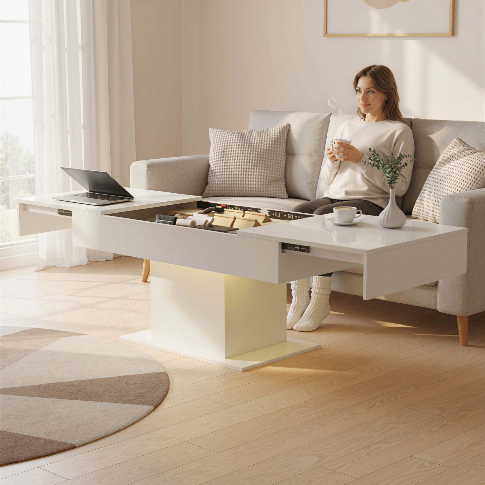 HOMCOM Extendable Coffee Table with LED Lights and Storage - High Gloss White 
