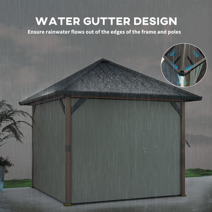 Outsunny 3 x 3(m) Hardtop Gazebo with Galvanised Steel Roof and Water Gutter, Waterproof Permanent Pavilion Garden Gazebo with Netting and Curtains for Patio, Deck, Walnut Wood Finish