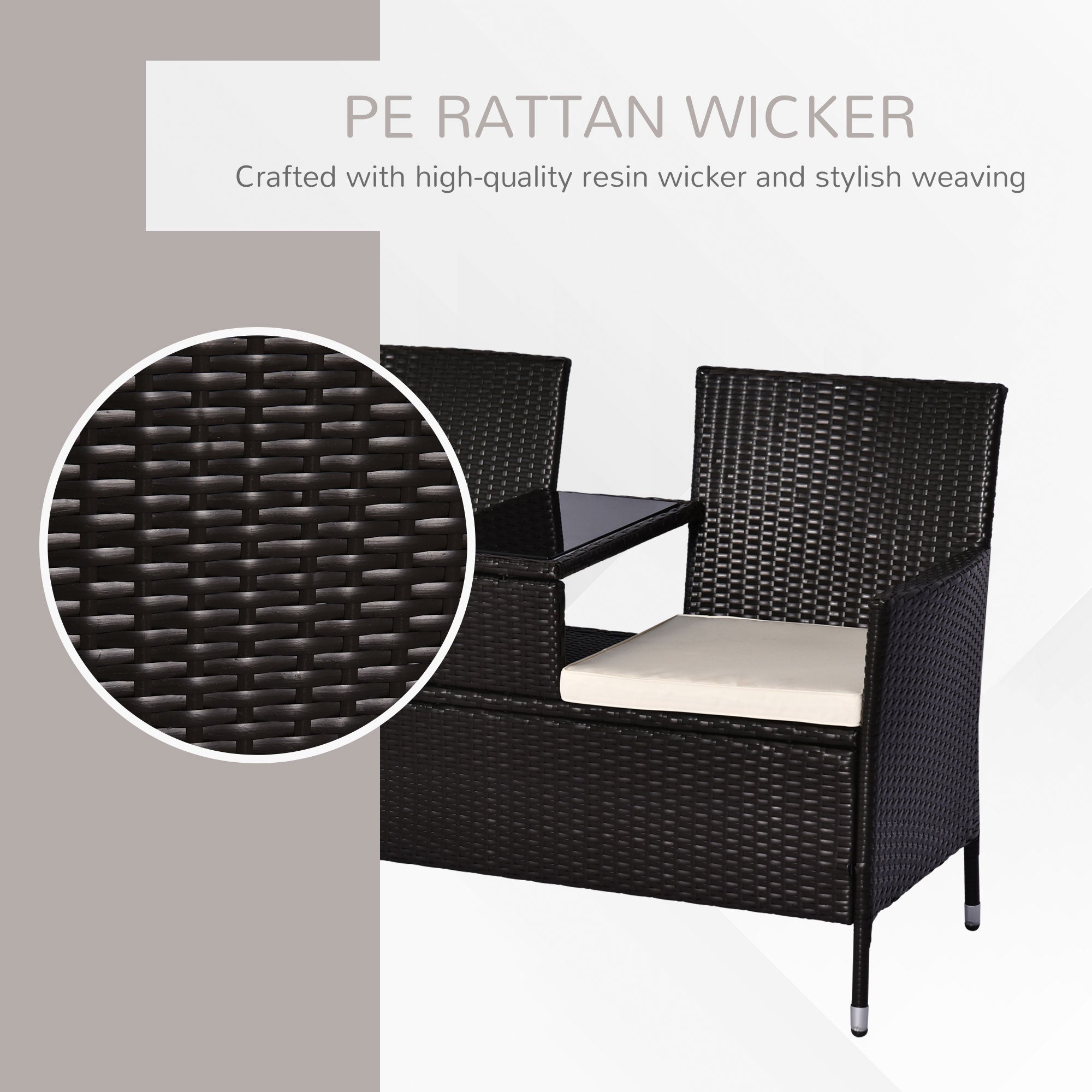 Outsunny 2 Seater Rattan Campanion Chair Wicker Loveseat Outdoor Patio Armchair with Drink Table Garden Furniture - Dark Brown 