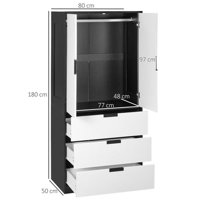HOMCOM 2 Door Wardrobe, Modern Wardrobe with 3 Drawers and Hanging Rod for Bedroom, Black 