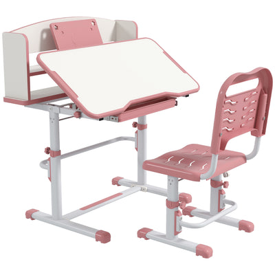 ZONEKIZ Height Adjustable Kids Study Table and Chair Set, with Drawer, Storage Shelf, 80 x 54.5 x 104 cm, Pink 