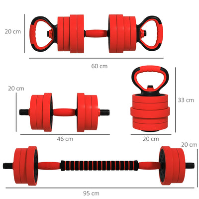 SPORTNOW 20kg Four-In-One Adjustable Weight Dumbbells Set, Barbell, Kettlebell, Push Up Stand - Red 