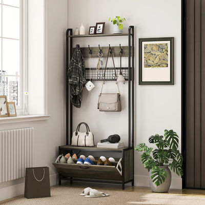 HOMCOM 5-In-1 Industrial-Style Hallway Tree - Grey/Black 