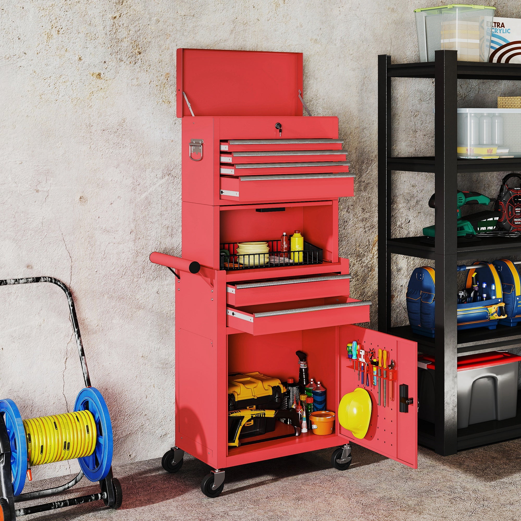 HOMCOM Three-Part Steel Locking Tool Chest - Red 