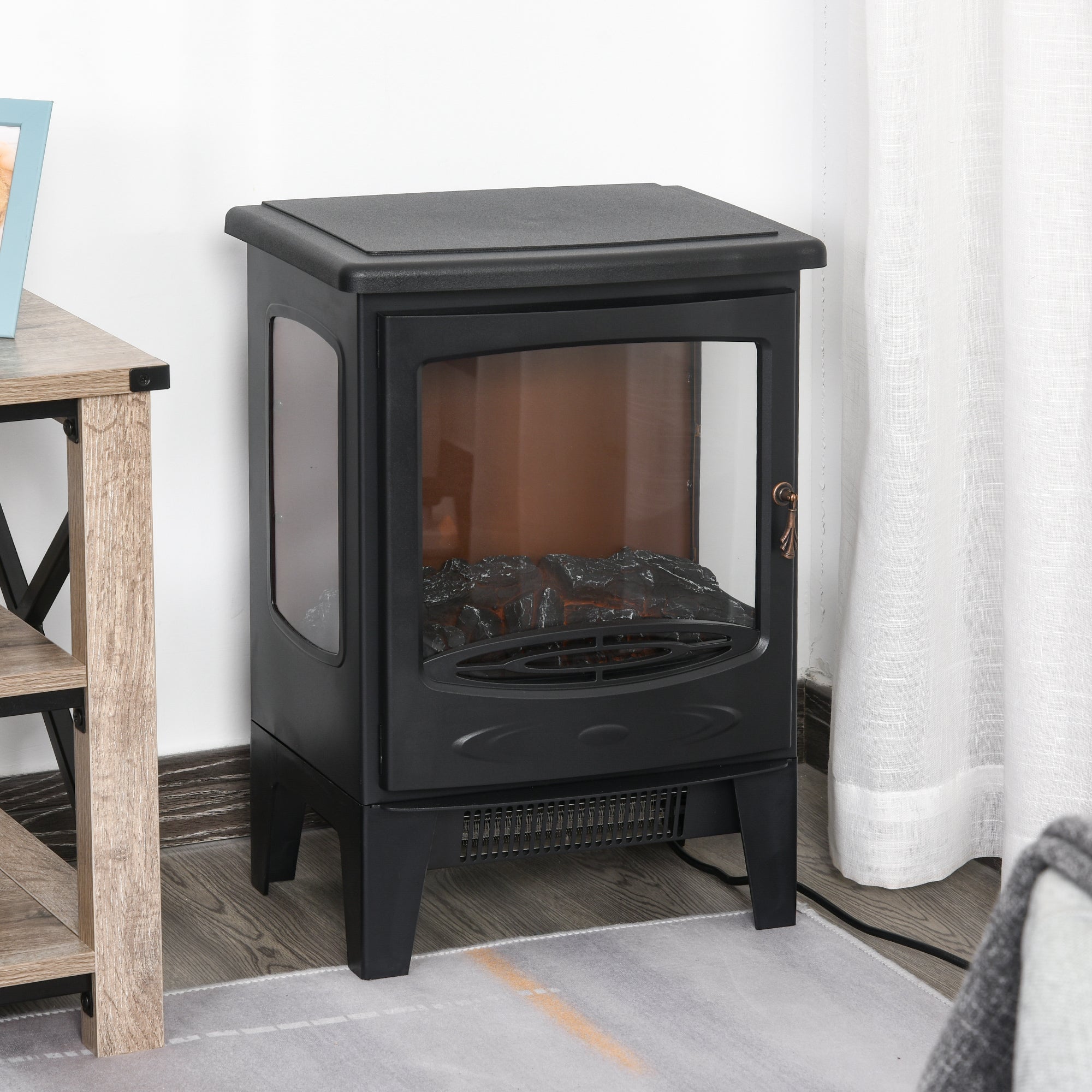 HOMCOM 900W/1800W Freestanding Electric Fireplace Room Heater w/ Adjustable Artificial Flame Tempered Glass Safe Home Warmth Retro Faux Fire 