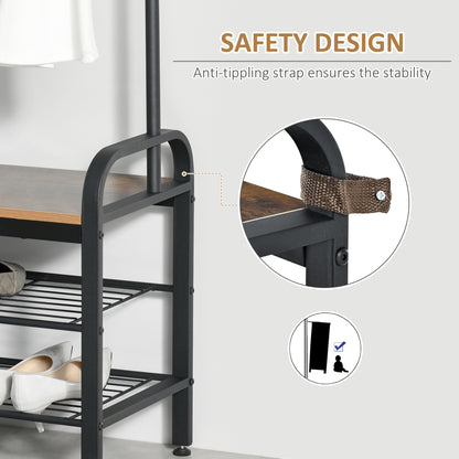 HOMCOM Coat Rack Stand Industrial hallway Shoe Rack Removable Hooks Metal Wood Hangers Storage Cabinet Rustic Brown 72L×34W×185H(cm) 