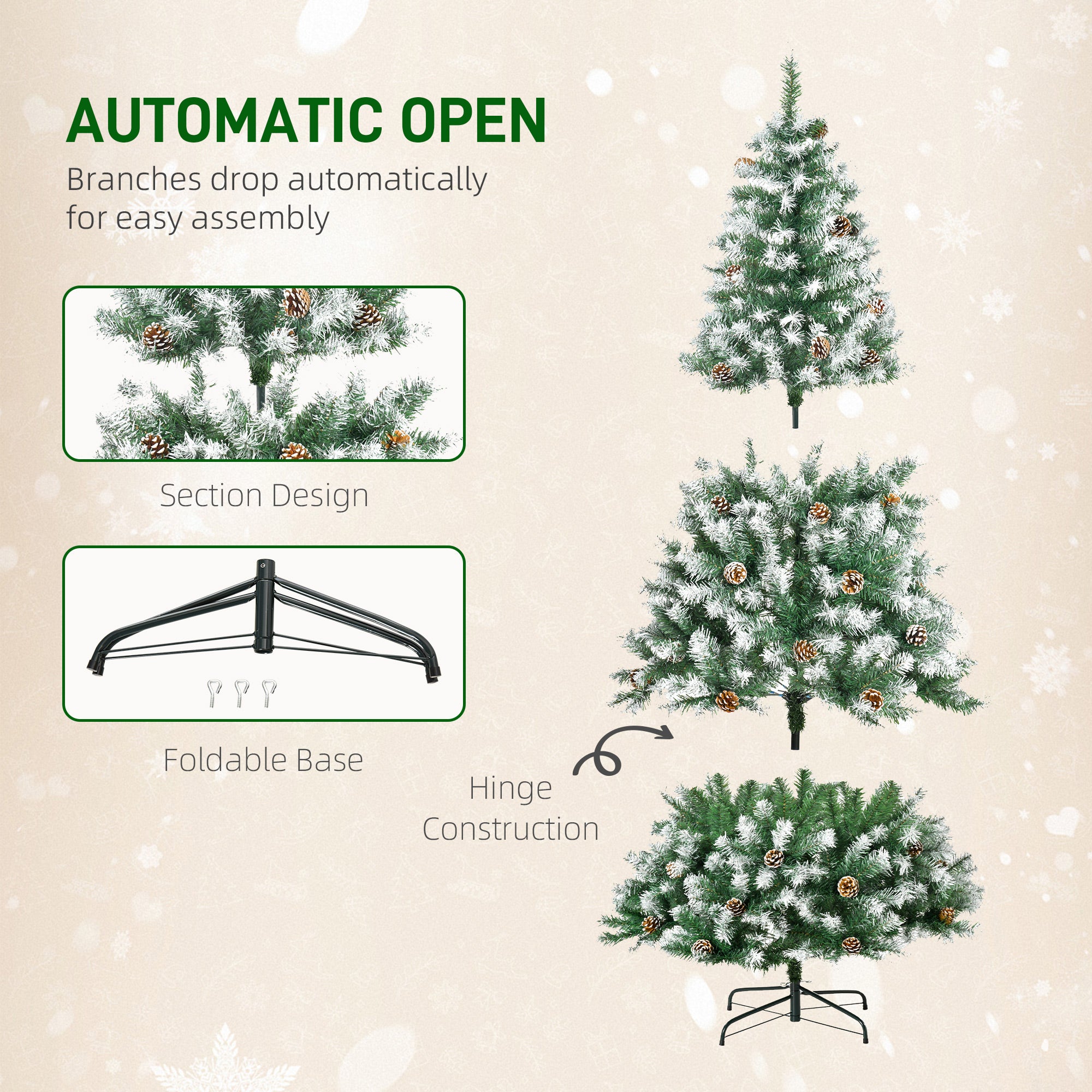 HOMCOM 6FT Artificial Christmas Tree with Pine Cones, Holiday Home Xmas Decoration Automatic Open, Green 