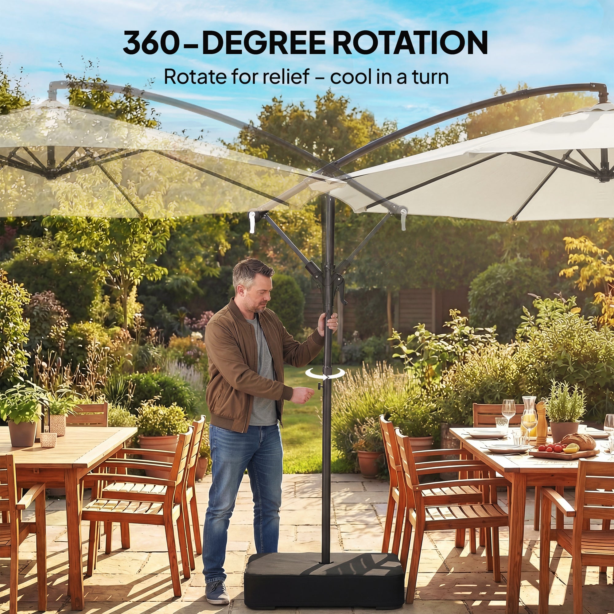 Outsunny 3 m Garden Cantilever Parasol with Cross Base, Sandbag, 360° Rotating Overhanging Banana Umbrella, Cream White 