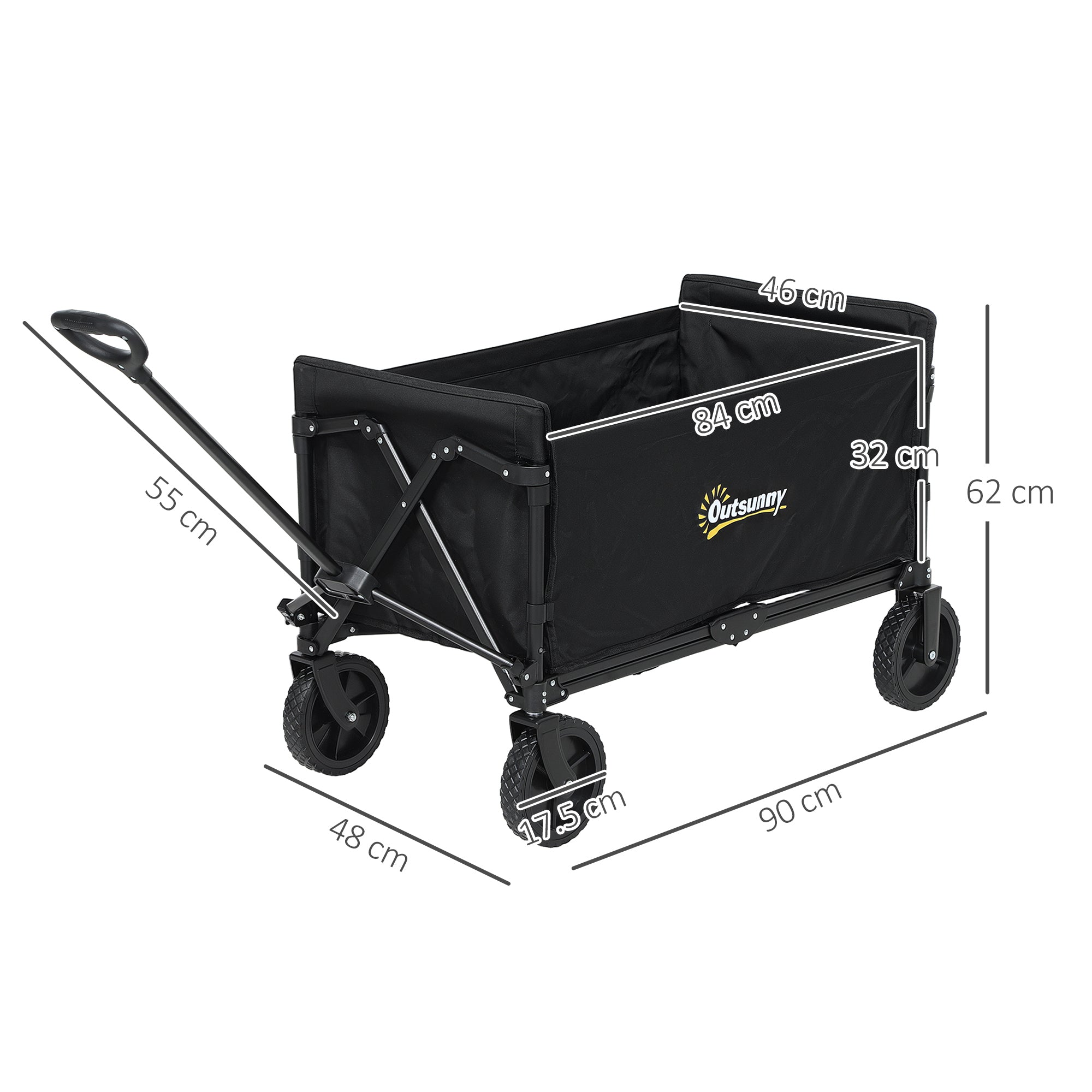 Outsunny 120L Folding Garden Trolley Cart, Outdoor Collapsible Wagon with Wheels and Adjustable Handle for Beach, Camping, Festival, Black