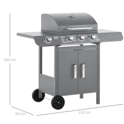 Outsunny 3+1 Burner Gas BBQ Grill, Outdoor Barbecue Trolley with Wheels, Warming Rack, Side Shelves, Cabinet, Thermometer for Garden, Party, Camping, 110L x 50W x 100Hcm, Grey 