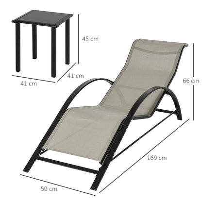 Outsunny 3 Pieces Sun Lounger Chair Set, Metal Frame Garden Outdoor Sunbathing Chair with Side Table and Armrest, Grey 