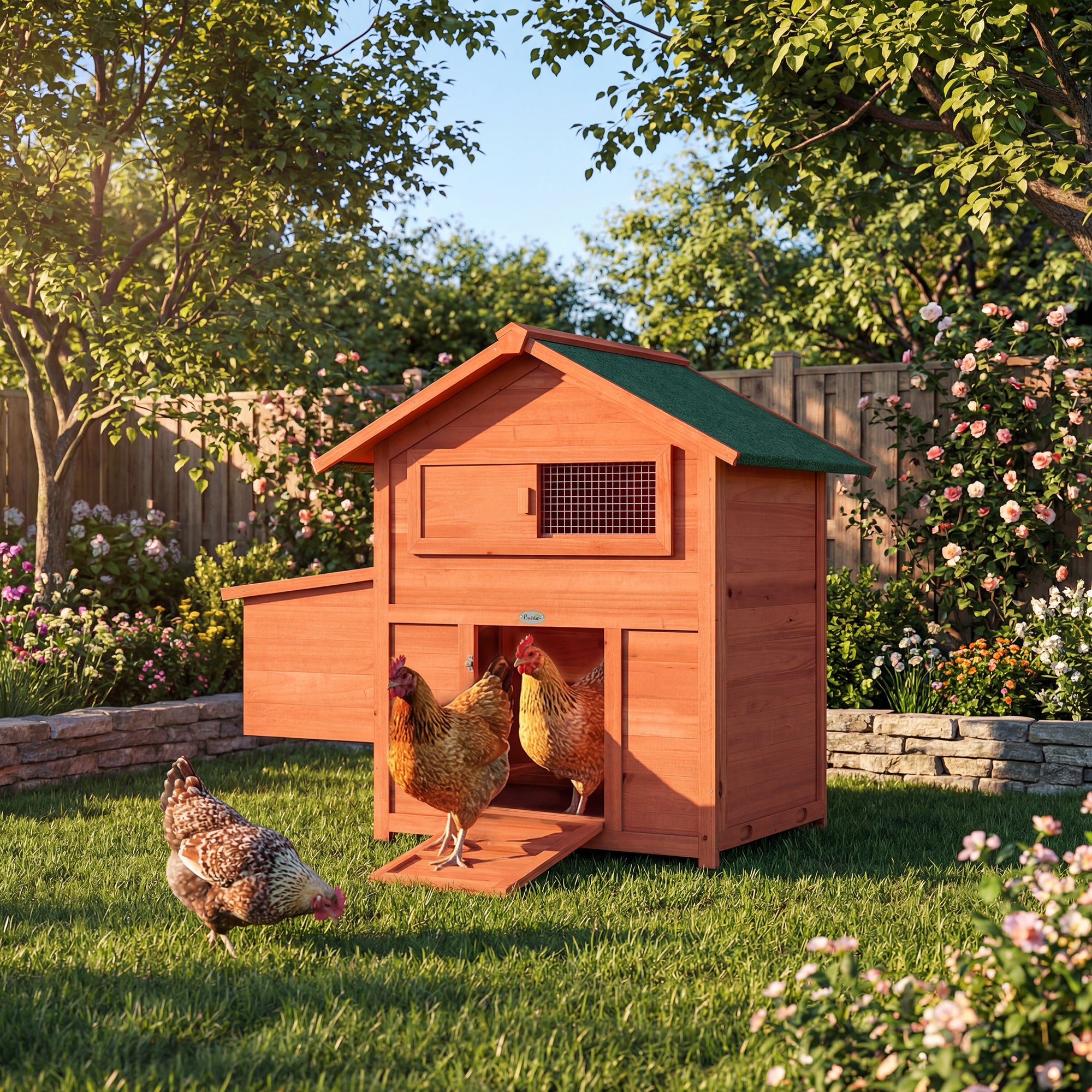 PawHut Chicken Coop, Wooden Hen House with Nesting Box, Pull-Out Tray, Sliding Window, Waterproof Roof, Perches and Ramp 