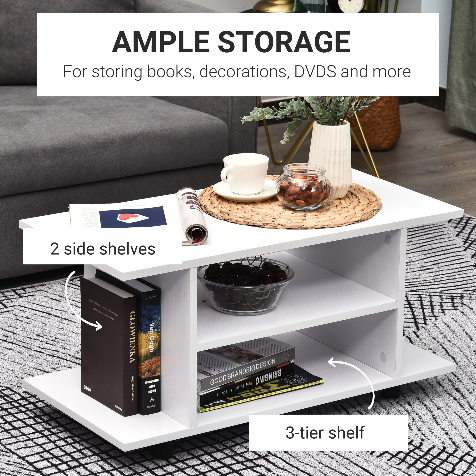 HOMCOM Modern TV Cabinet Stand Storage Shelves Table Mobile Bedroom Furniture Bookshelf Bookcase White 