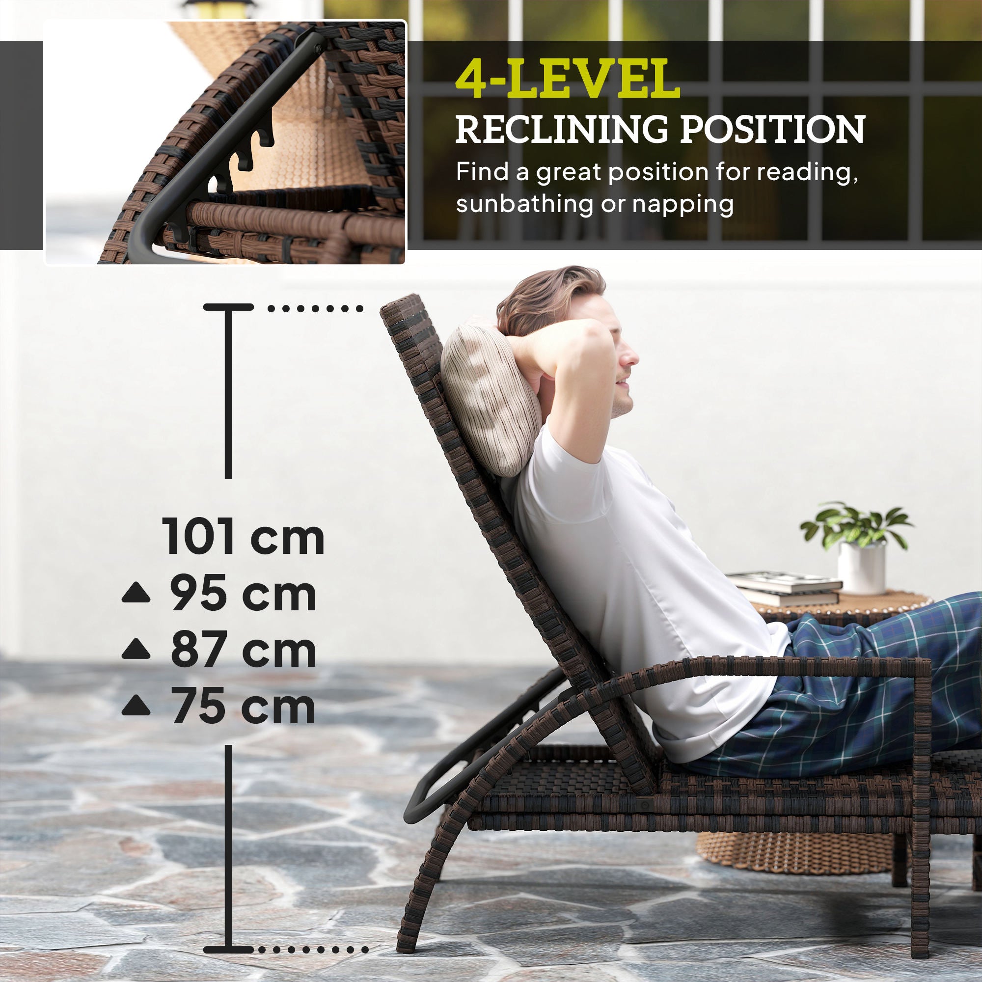 Outsunny PE Rattan Sun Lounger with Adjustable Backrest - Mixed-brown
