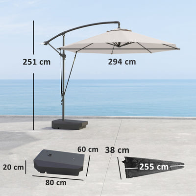 Outsunny 3(m) Garden Cantilever Parasol with Fillable Base, Wind Protection Strap, Cover, Round Banana Hanging Umbrella with Crank Handle and Tilt, Patio Umbrella for Outdoor Sun Shade, UPF50+, Cream 