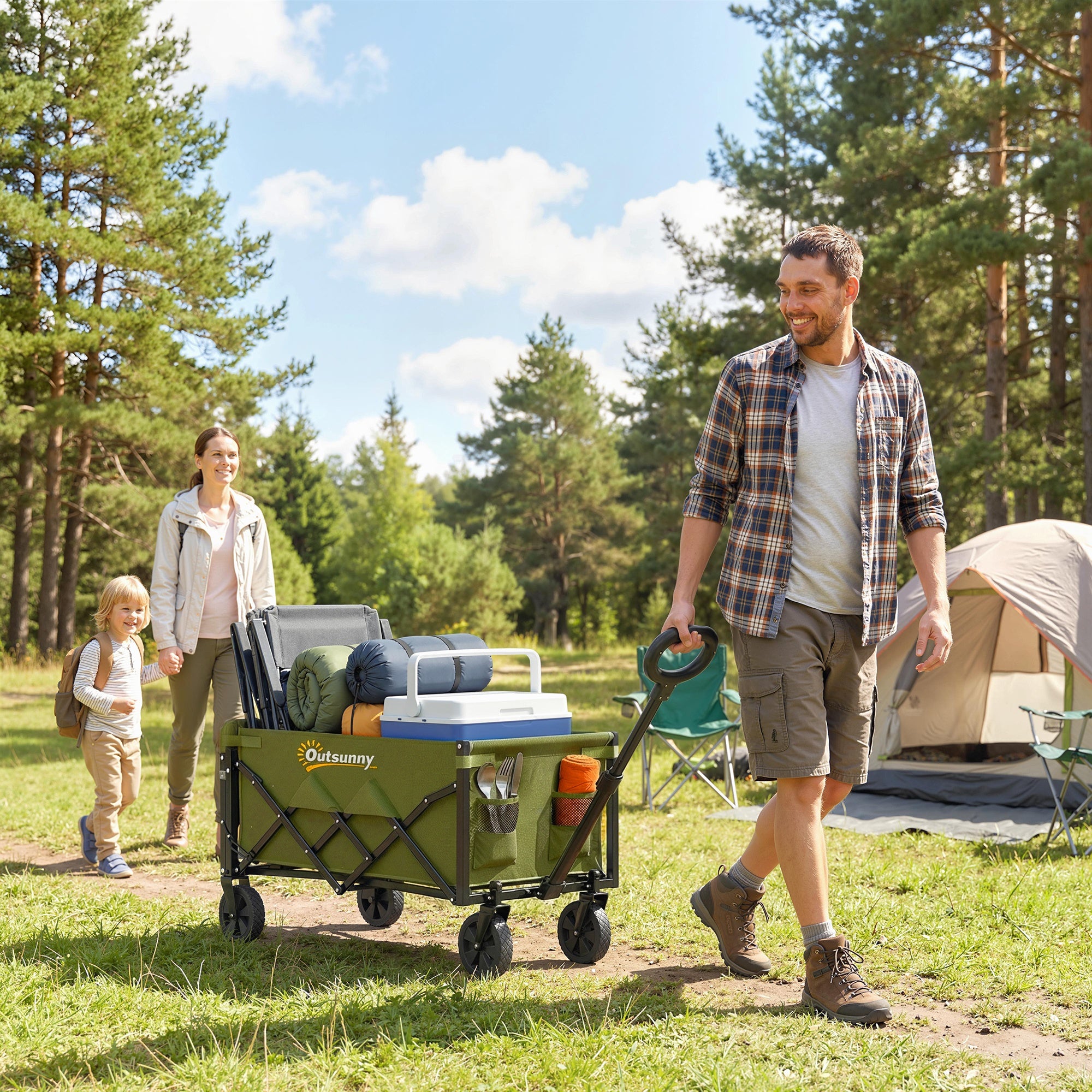 Outsunny 60L Foldable Festival Trolley on Wheels, Collapsible Wagon Cart with Drop-Down Tailgate, Adjustable Handle, Green 