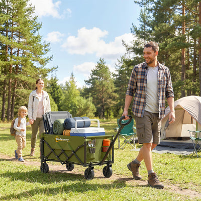 Outsunny 60L Foldable Festival Trolley on Wheels, Collapsible Wagon Cart with Drop-Down Tailgate, Adjustable Handle, Green 