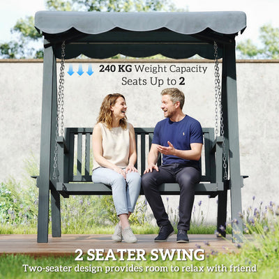 Outsunny 2 Seater Garden Swing Seat with Canopy, Wooden Swing Chair, Outdoor Hammock Bench for Balcony Patio Porch, Grey 
