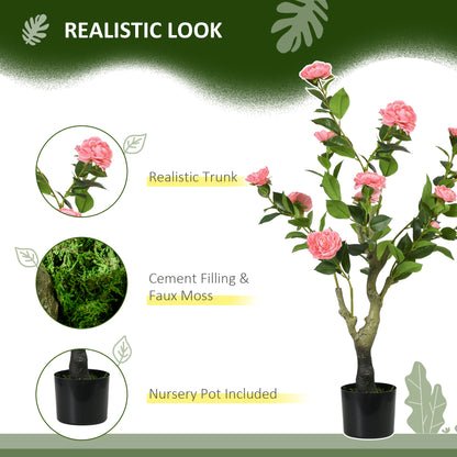 HOMCOM 2 Pieces Decorative Artificial Plants Camellia Flower with Pot, Fake Plant for Home Indoor Outdoor Decor, 95cm, Pink 
