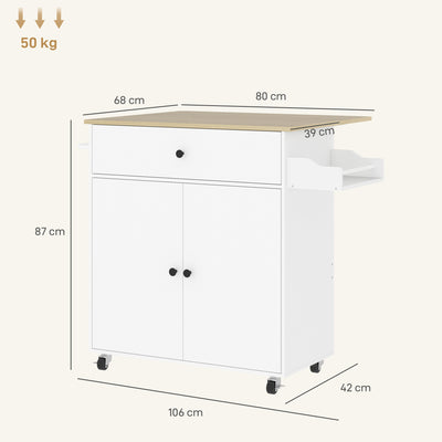 HOMCOM Rolling Kitchen Island with Drop Leaf, Kitchen Storage Cart with Drawer, Spice Rack and Towel Rack, White 