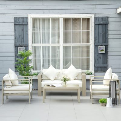 Outsunny 4 Pieces Outdoor Garden Furniture Set, Aluminium Frame Backyard Furniture w/ Thick Padded Cushioned Loveseat, 2 Chairs, and Glass Top Table, Champagne Gold 