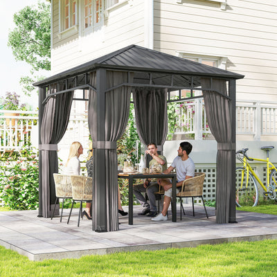 Outsunny 2.5 x 2.5 m Hardtop Gazebo with Galvanised Steel Roof, Waterproof Permanent Pavilion Garden Gazebo with Netting and Curtains for Patio, Deck, Dark Grey 