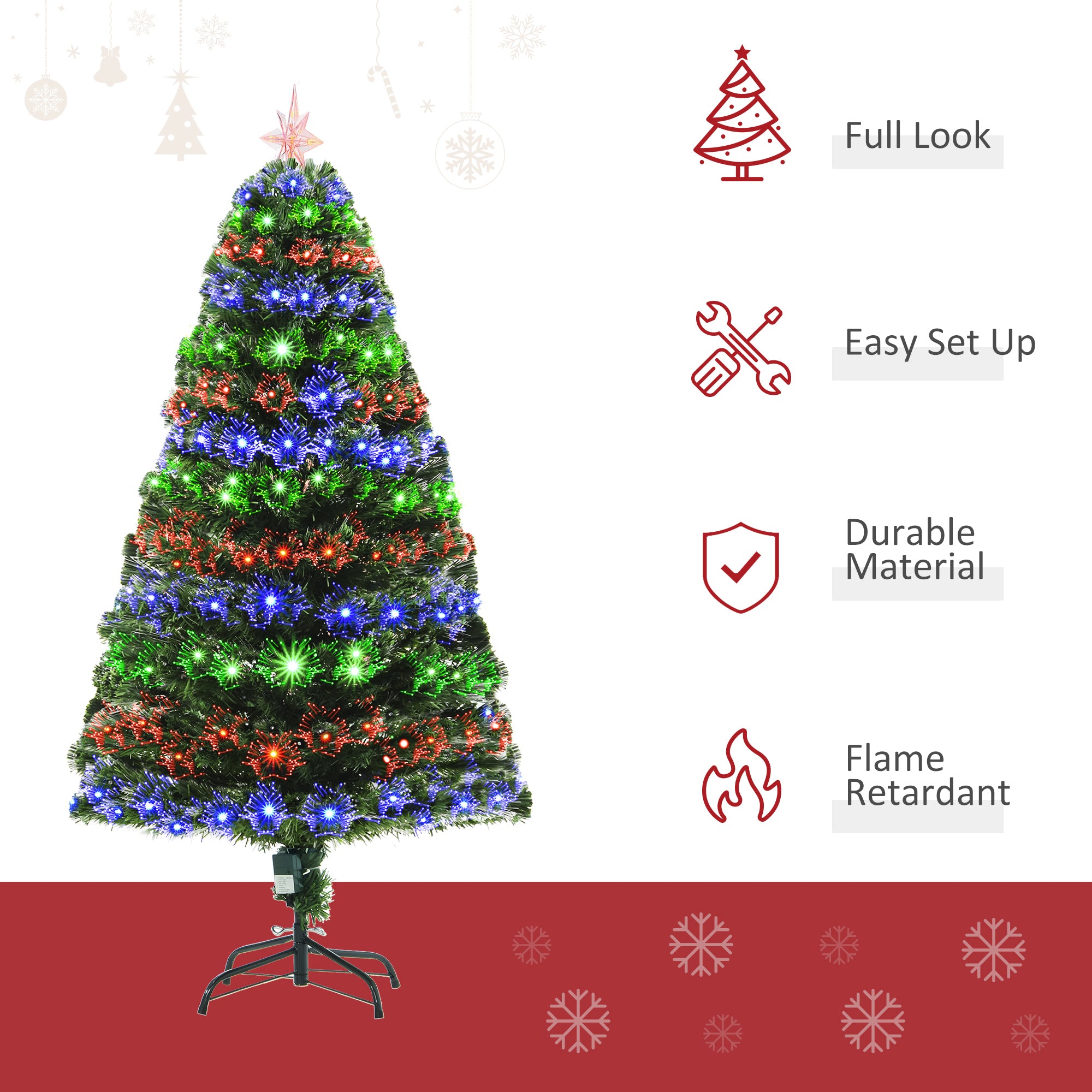 HOMCOM 5 Feet Prelit Artificial Christmas Tree with Multi-Coloured Fiber Optic LED Light, Holiday Home Xmas Decoration, Green 