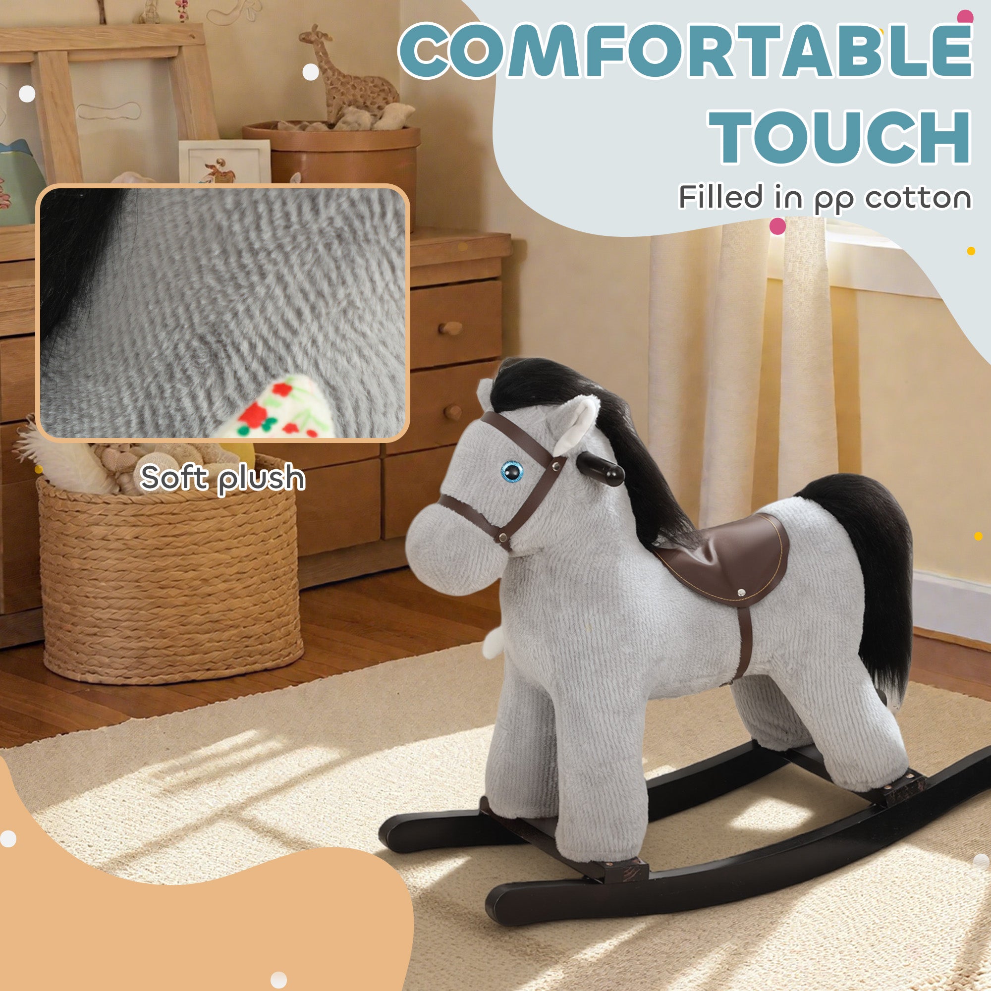 AIYAPLAY Baby Rocking Horse, Plush Ride on Toy with Handle Grip, Sound and Doll, Toddler Animal Rocker for Kids Aged 2-5, Grey 