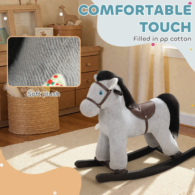 AIYAPLAY Baby Rocking Horse, Plush Ride on Toy with Handle Grip, Sound and Doll, Toddler Animal Rocker for Kids Aged 2-5, Grey 