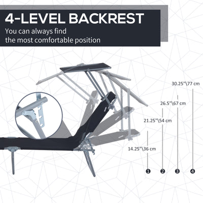 Outsunny Outdoor Foldable Sun Lounger, 4 Level Adjustable Backrest Reclining Sun Lounger Chair with Angle Adjust Sun Shade Awning for Beach, Garden, Patio, Black 