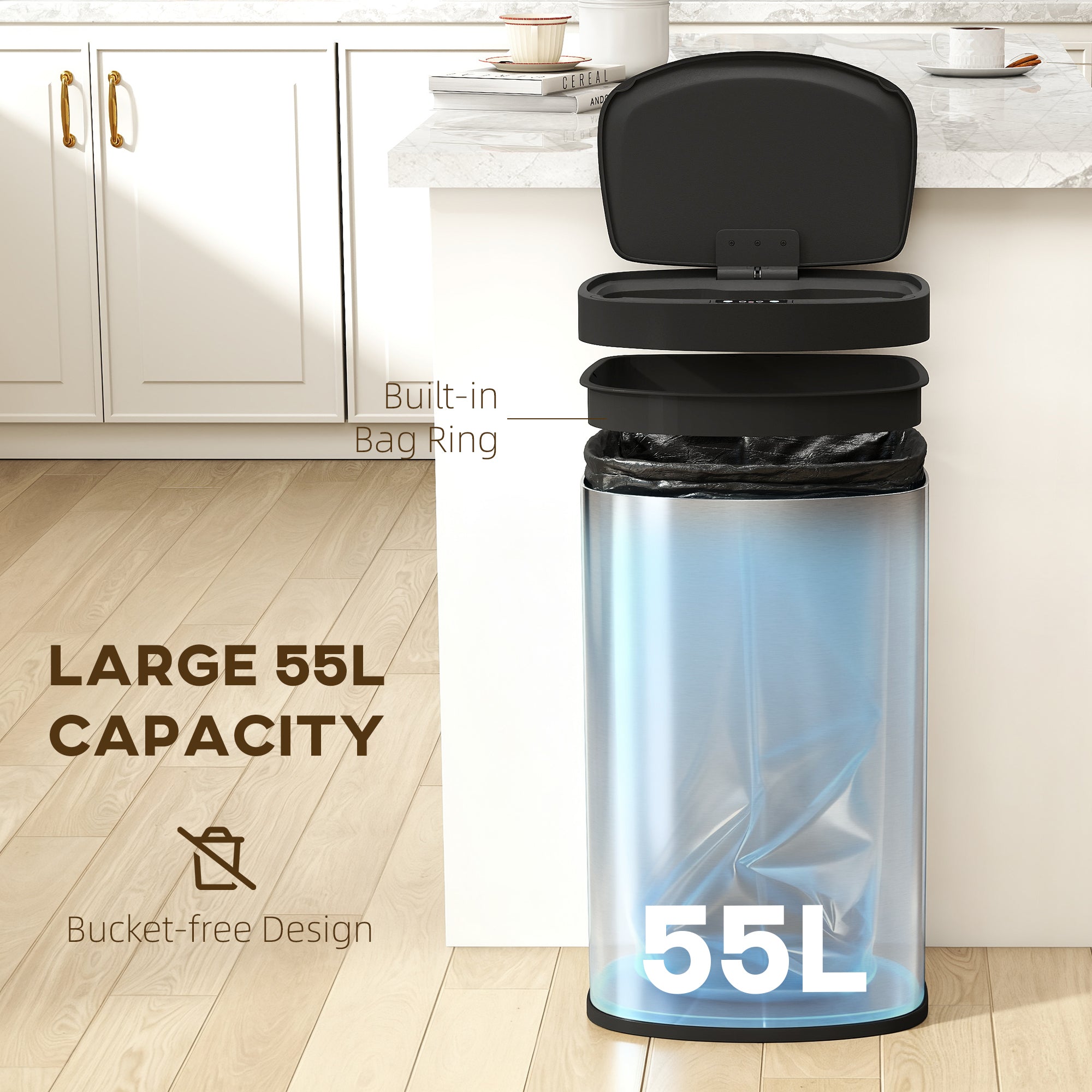 HOMCOM 55L Sensor Bin with Soft-Close Lid, Automatic Touchless Motion Sensor Kitchen Bin with Fingerprint Resistant Stainless Steel for Hygienic Gyms, Home Office Use, Silver Tone 