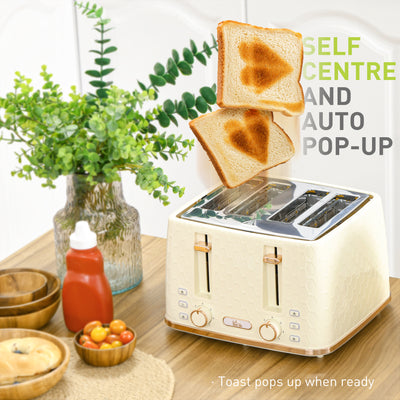 HOMCOM Kettle and Toaster Set, 1.7L 3000W Fast Boil Jug Kettle with Auto Shut Off, 4 Slice Toaster with 7 Level Browning Controls & Crumb Tray, Beige 
