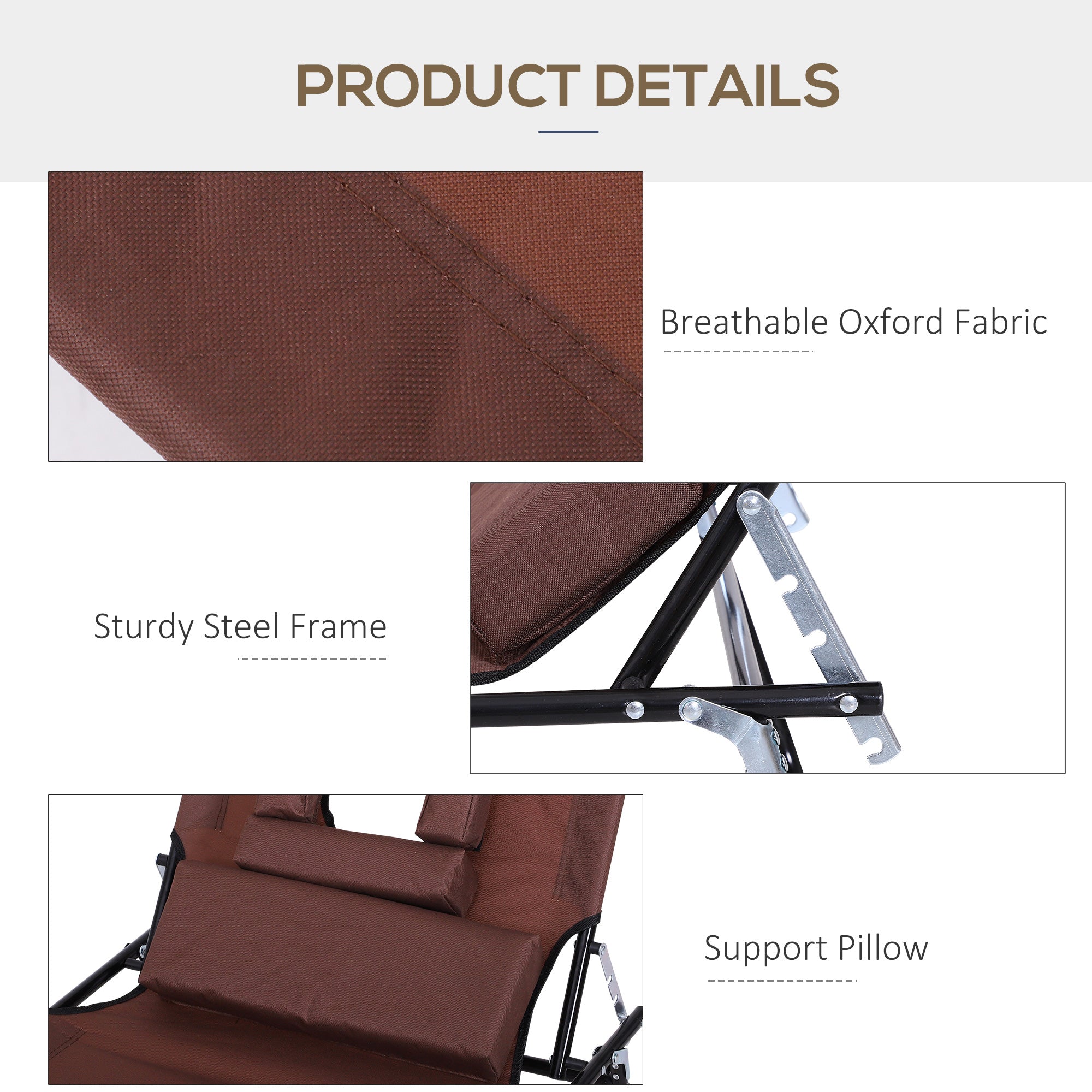 Outsunny Outdoor Foldable Sun Lounger, 4 Level Adjustable Backrest Reclining Sun Lounger Chair with Pillow and Reading Hole, Brown 