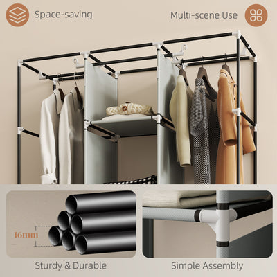 HOMCOM Fabric Wardrobe for Bedroom, Portable Wardrobe with 5 Shelves, 2 Hanging Rails and 3 Fabric Drawers, Foldable Closet, 125 x 43 x 162.5cm, Light Grey 