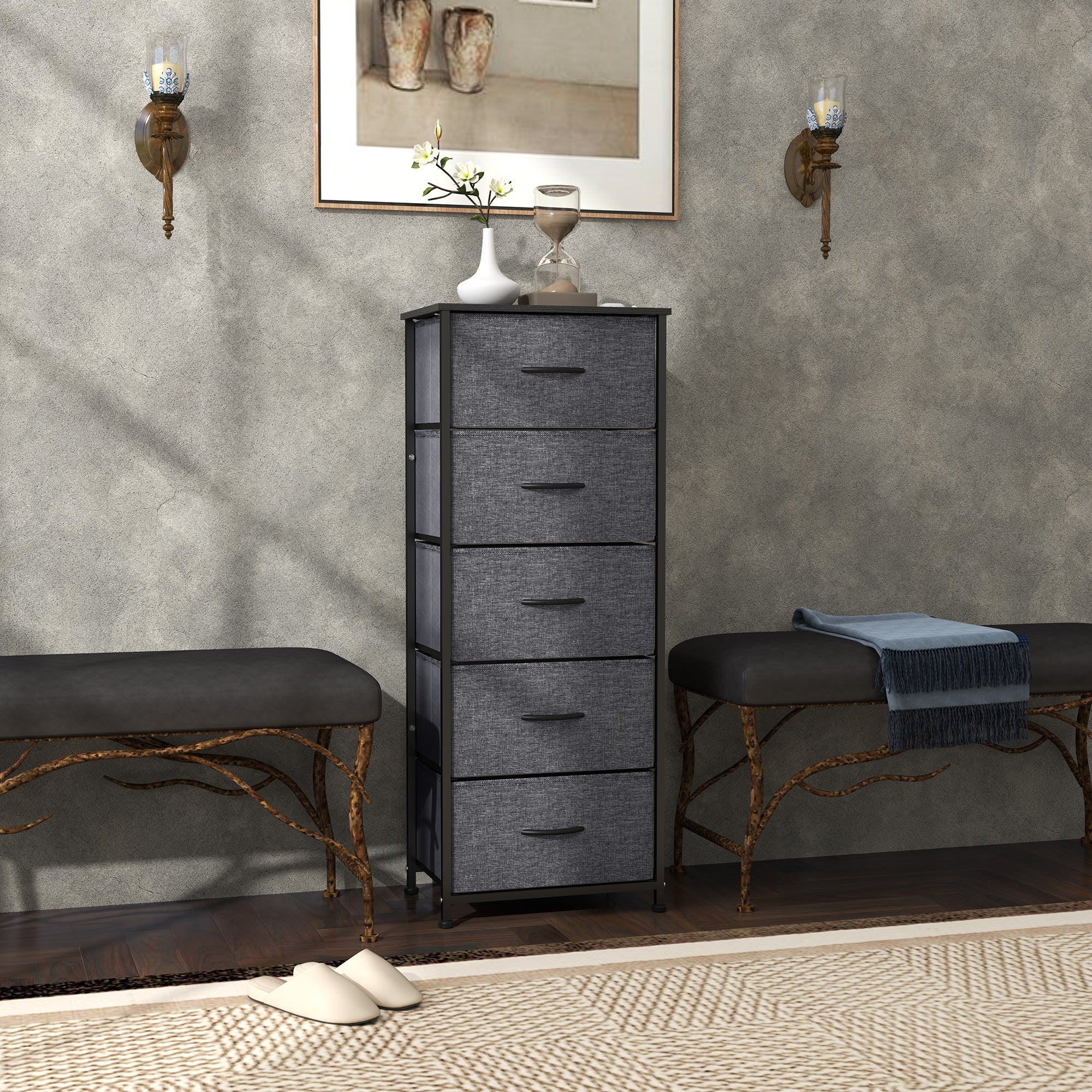 HOMCOM Fabric Chest of Drawers, Storage Drawers, Industrial Bedroom Dresser with 5 Fabric Drawers, Steel Frame and Wooden Top for Nursery, Living Room, Hallway, Dark Grey 