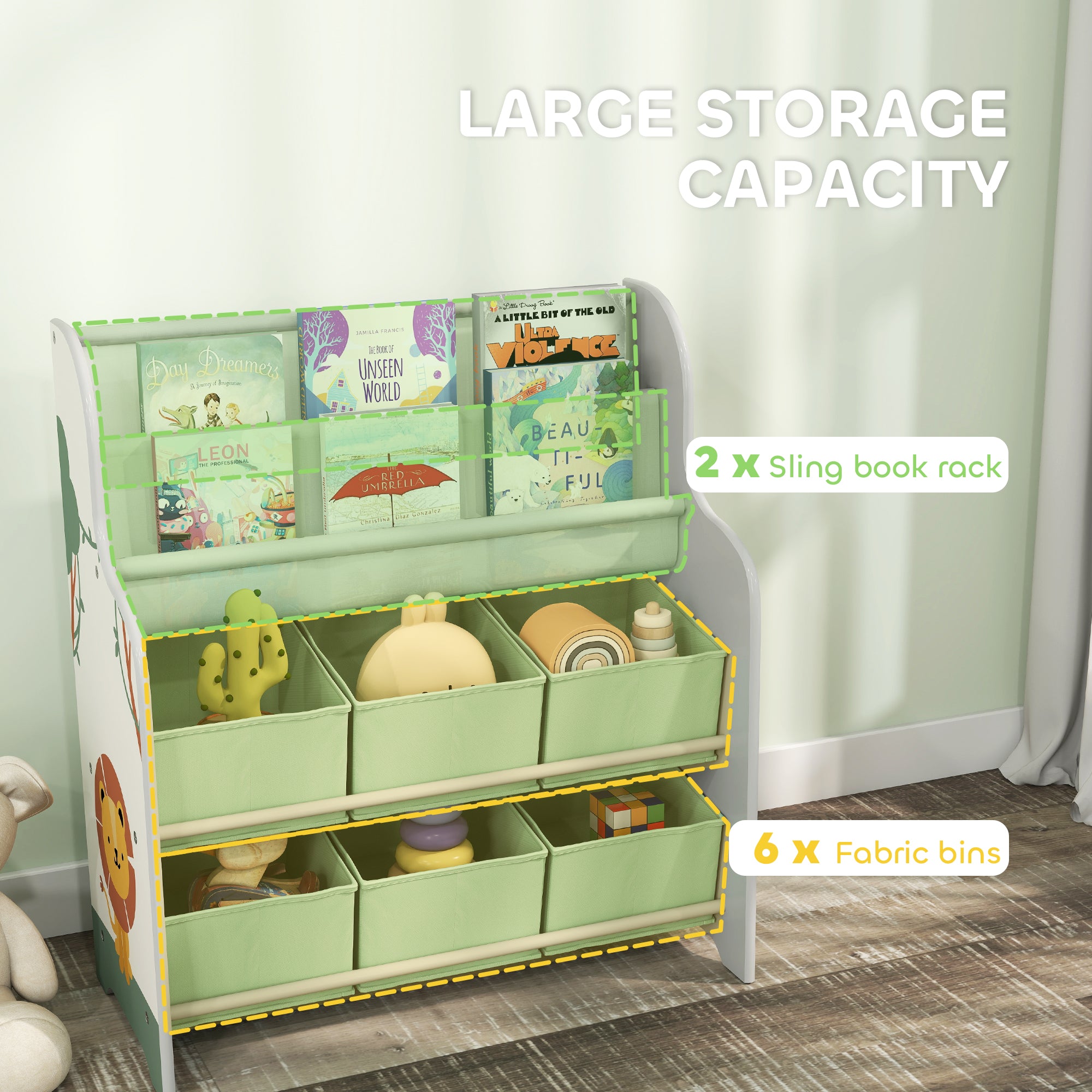 AIYAPLAY Kids Storage Unit, Toy Organiser with 6 Fabric Drawers and 2-Tier Sling Book Rack for Bedroom, Playroom, Nursery, Green 