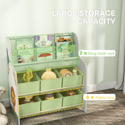 AIYAPLAY Kids Storage Unit, Toy Organiser with 6 Fabric Drawers and 2-Tier Sling Book Rack for Bedroom, Playroom, Nursery, Green 
