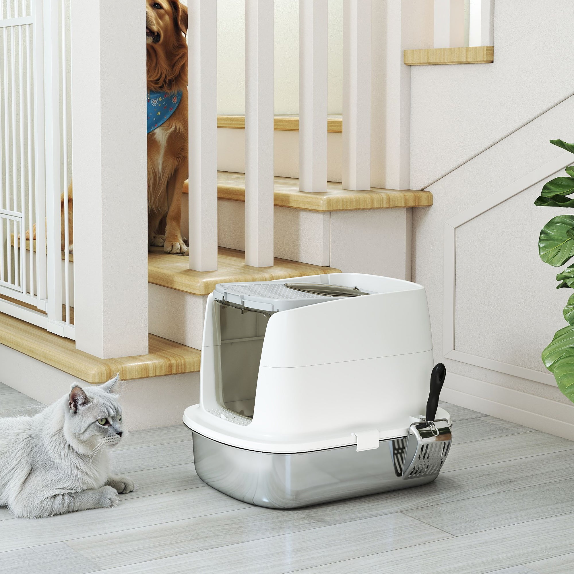 PawHut Large Stainless Steel Litter Box, Enclosed Metal Cat Litter Tray with Scoop, Deodoriser Bag, Front-Entry and Top-Exit