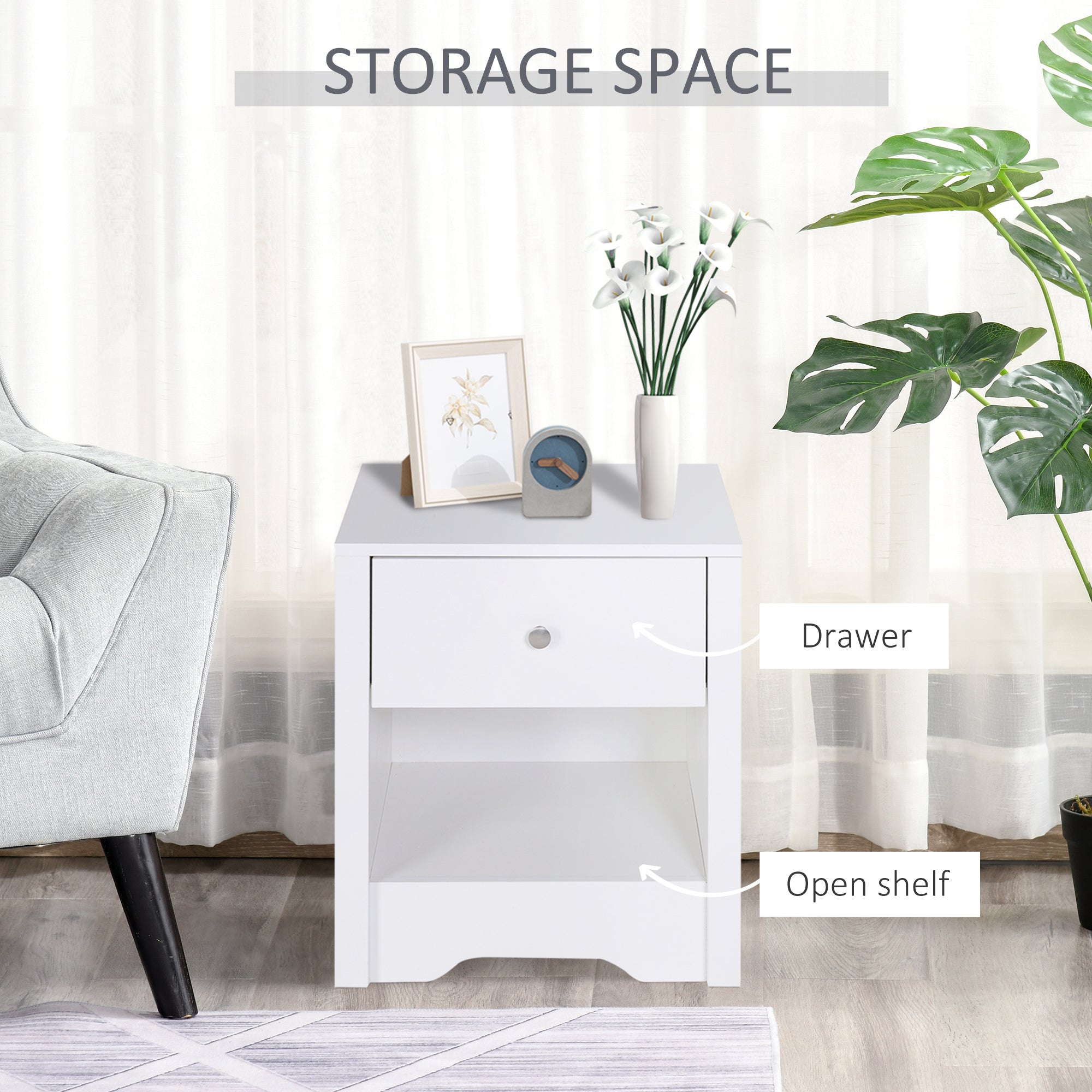HOMCOM Modern Bedside Table, Nightstand with Drawer Shelf, End Table for Living room, Bedroom White 