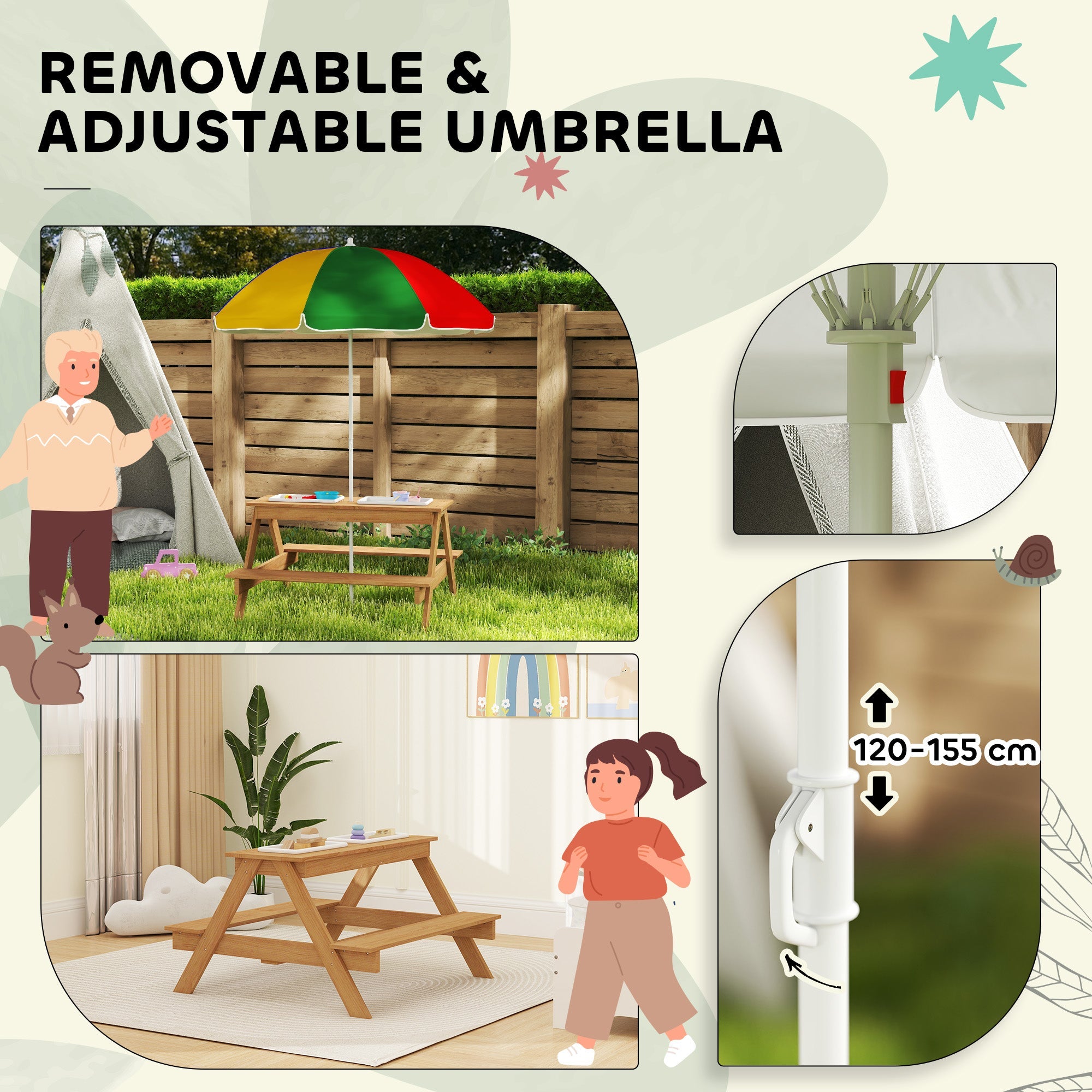 AIYAPLAY Kids Picnic Table, Sand and Water Table with Wooden Benches, Adjustable Parasol and Storage Bins, Multicolour 