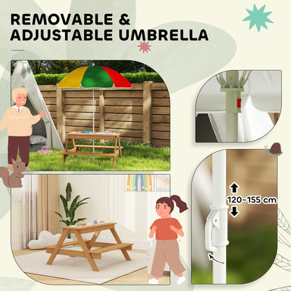 AIYAPLAY Kids Picnic Table, Sand and Water Table with Wooden Benches, Adjustable Parasol and Storage Bins, Multicolour 