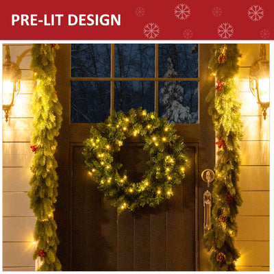 HOMCOM 55CM Pre-lit Christmas Wreath with 50 Warm White LED Ideal Xmas Artificial Door Decoration 