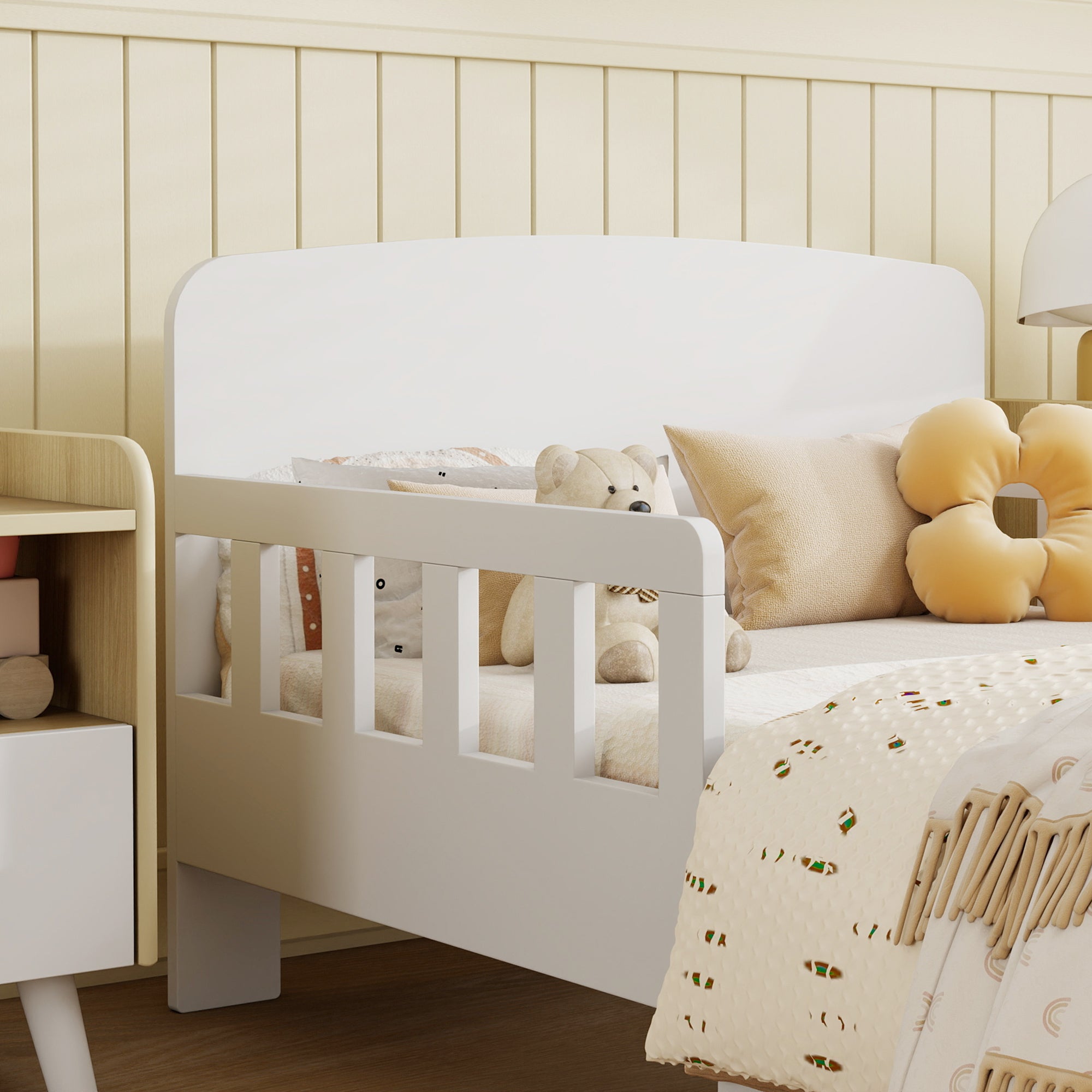 AIYAPLAY Toddler Bed, Kids Bed Frame with Safety Side Rails, Kids Bedroom Furniture for Ages 3-8 Years, White 