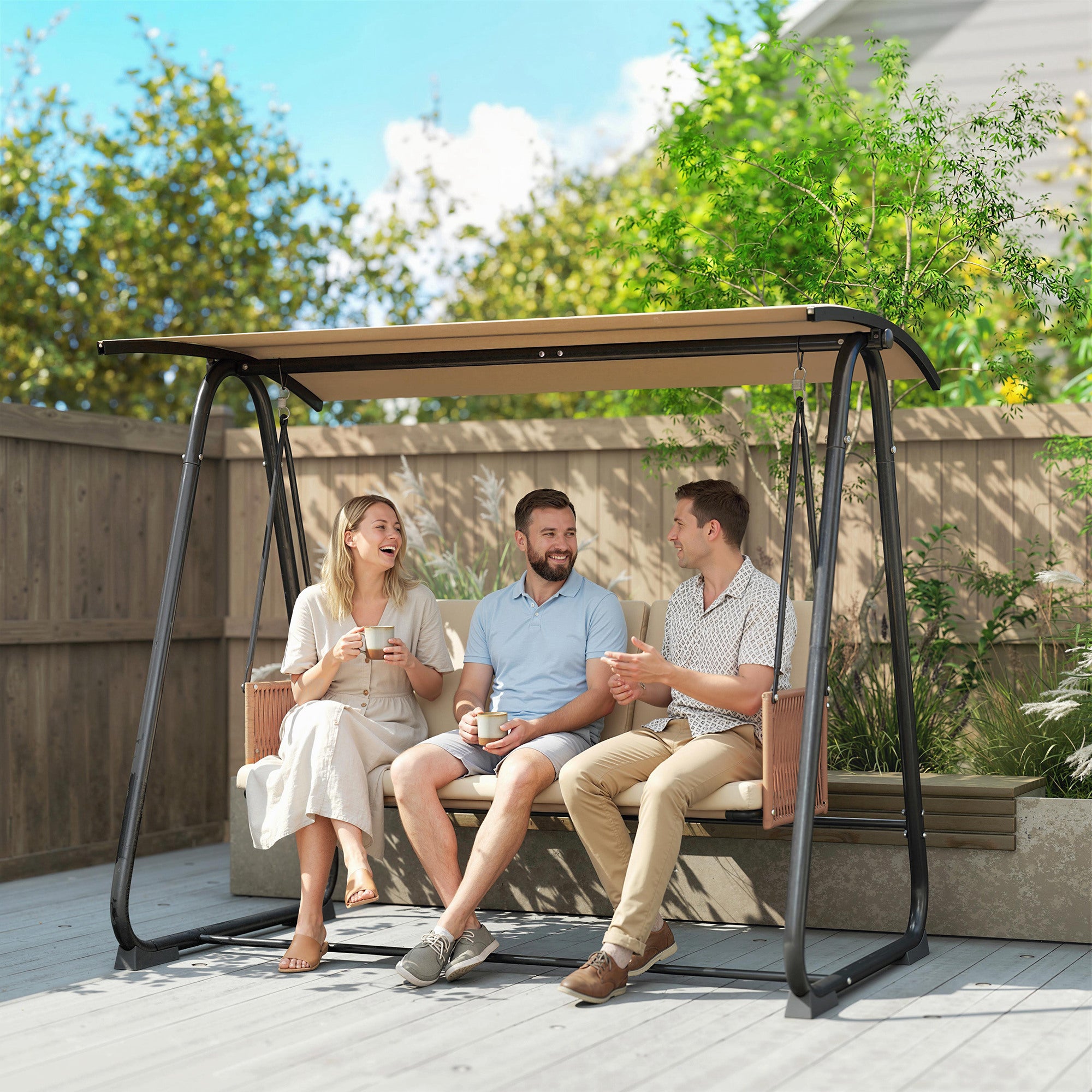Outsunny 3 Seater Swing Chair with Adjustable Canopy, 360 kg Garden Swing Seat Outdoor Hammock Bench with Cushions, Sand Brown 