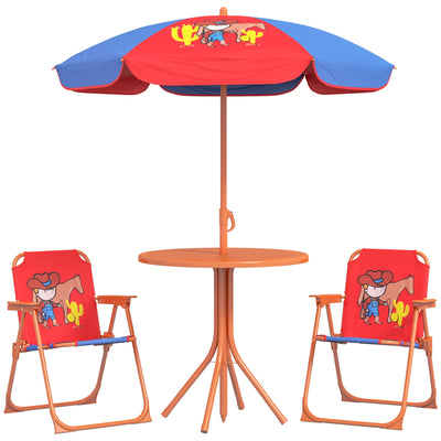 Outsunny Kids Picnic Table and Chair Set, Cowboy Themed Outdoor Garden Furniture w/ Foldable Chairs, Adjustable Parasol 