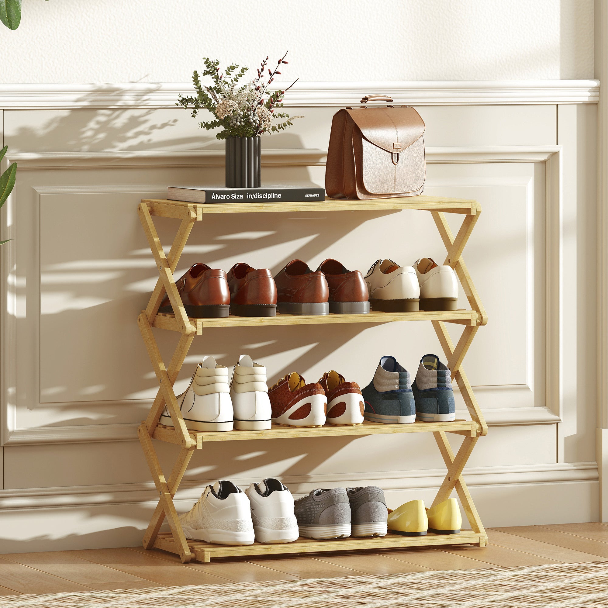 HOMCOM Four-Tier Folding Bamboo Shoe Rack - Natural Finish 