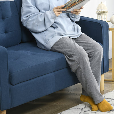 HOMCOM Modern Loveseat Sofa, Compact 2 Seater Sofa with Hidden Storage, 117cm Tufted Cotton Couch with Wood Legs, Blue 