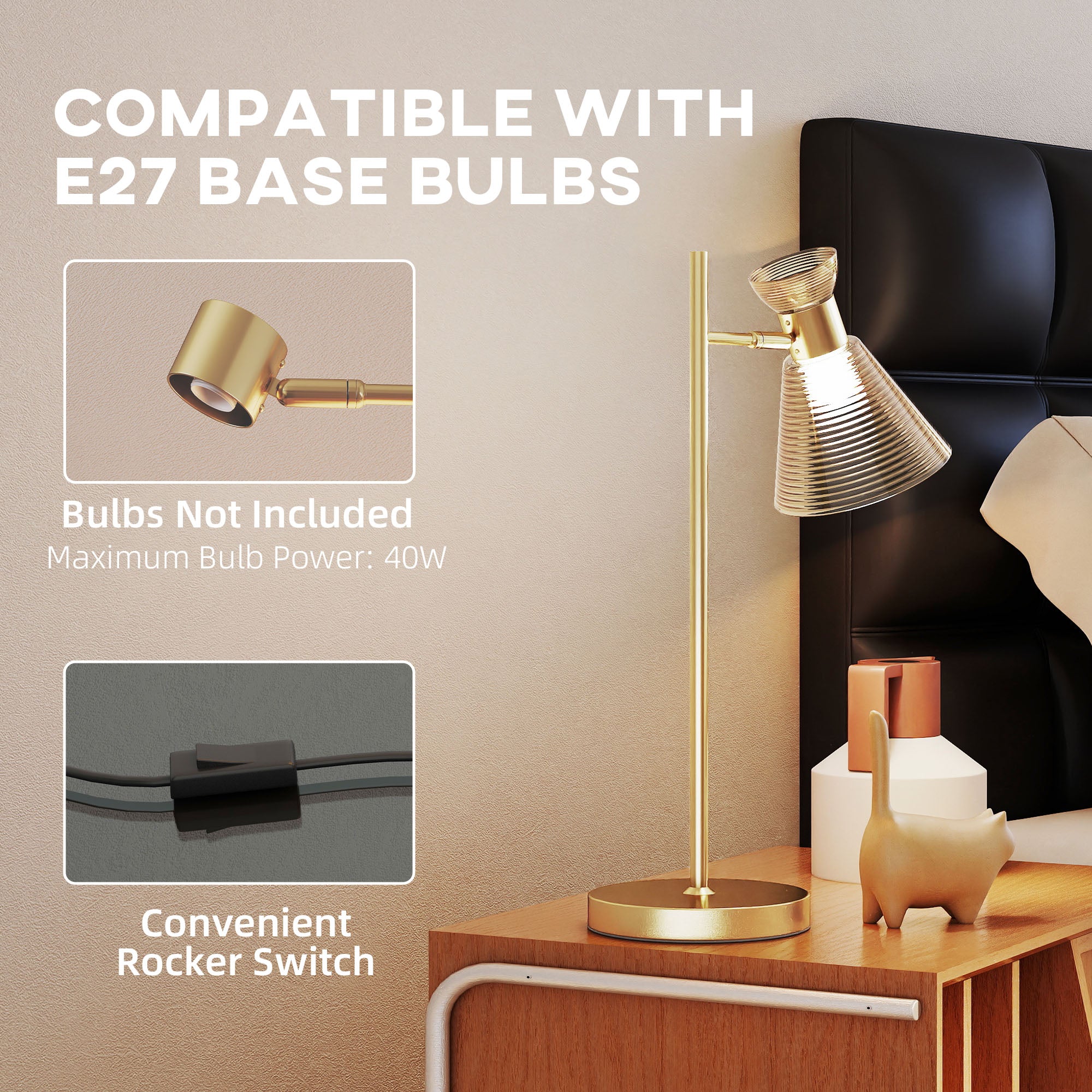 HOMCOM Modern Table Lamp, Bedside Lamp with Adjustable Flower-Shaped Head and E27 Socket for Living Room Bedroom Study, Bulb Not Included, Gold Tone 