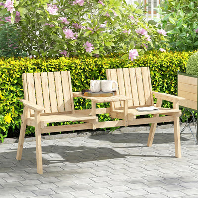 Outsunny 2-Seater Garden Loveseat with Table and Parasol Hole for Porch, Patio, Natural Wood Finish 