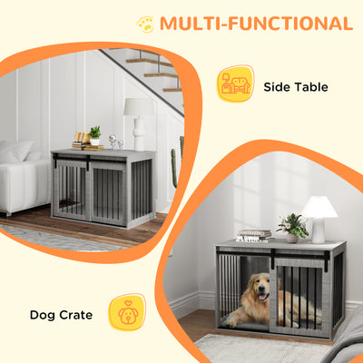 PawHut 98cm Dog Crate Furniture with Removable Cushion for Large Dogs - Grey 